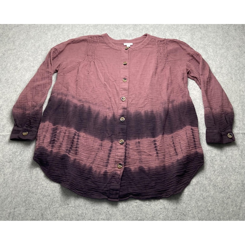 Pure Jill Button Up Shirt Womens Large Red Purple Dip Dye Long Sleeve Tunic Top